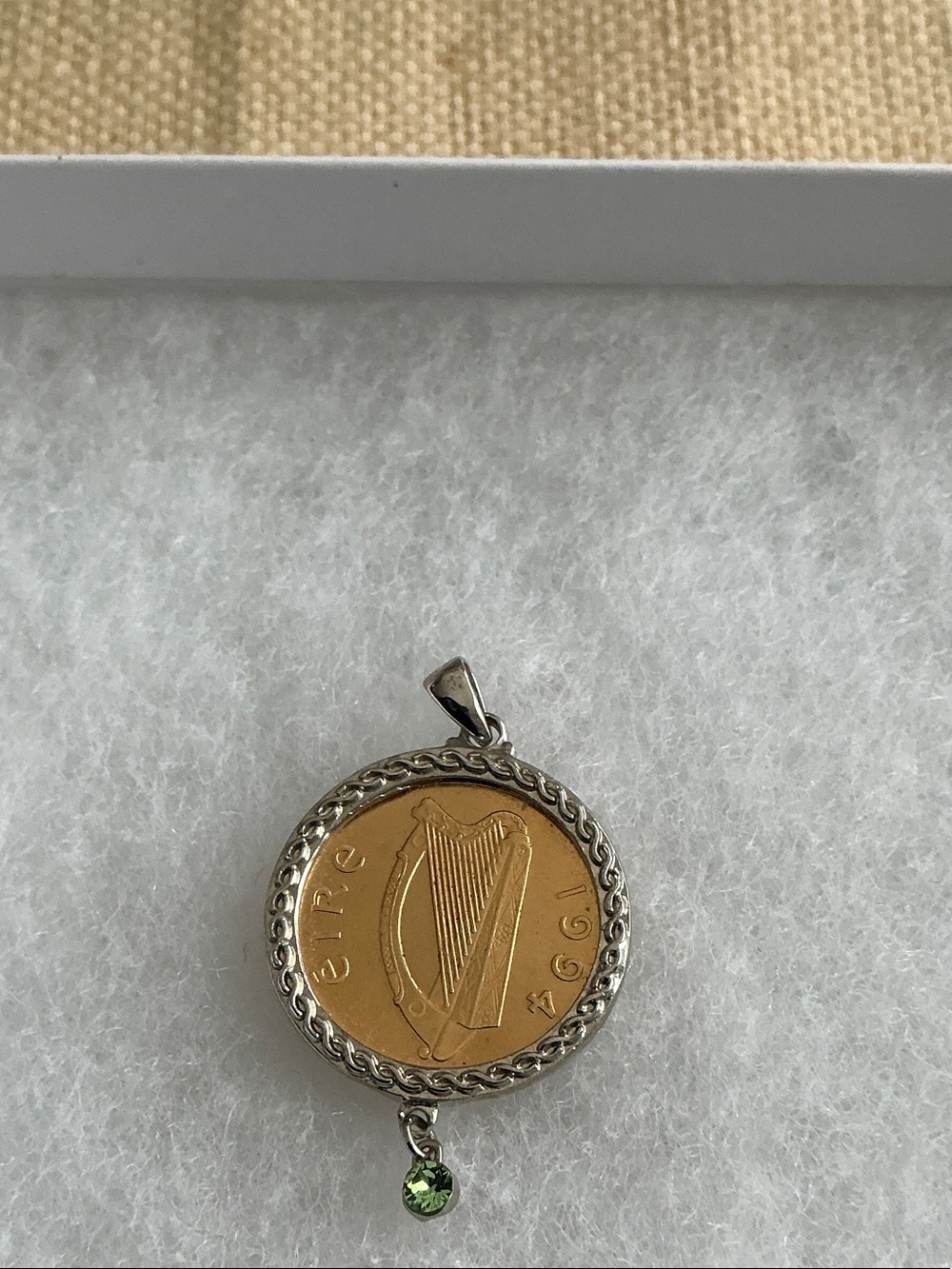 Gold-Tone Harp Coin Pendant with Silver Frame and Green Crystal Drop